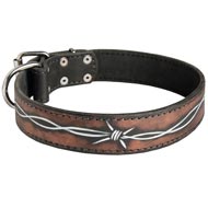 Handpainted Leather Dog Collar with Barbed Wire Drawing