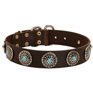 Leather Dog Collar with Blue Stones for Stylish Walking