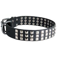 Leather Dog Collar with 3 Rows of Nickel Pyramids