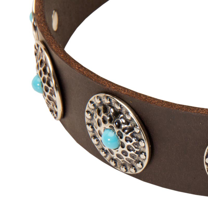 Get Leather Dog Collar, Blue Decorative Stones