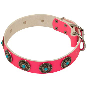 Safe Walking Leather   Dog Сollar Pink Studded