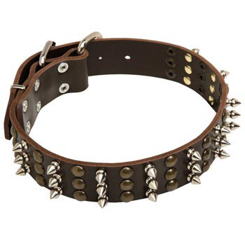 Dog Handmade Leather Collar 3  Studs and Spikes Rows