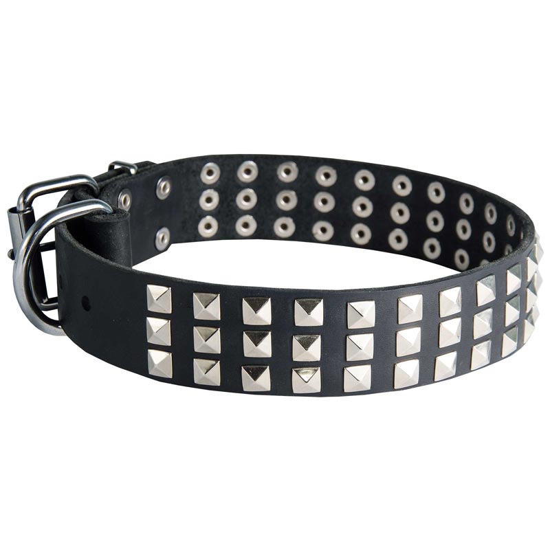 Leather Dog Collar with 3 Rows of Nickel Pyramids