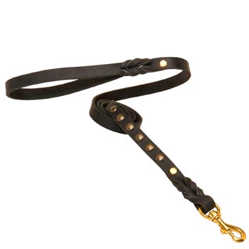 Strong Black Leather Dog Leash Fashion Studs Adorned