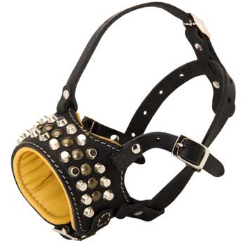 Adjustable Leather Dog Muzzle with Studs for Walking Dog 